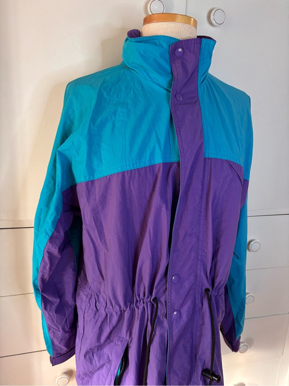 Vintage 90s Teal and Purple Colorblock Raincoat with Drawstring Waist